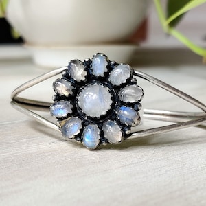 Flower Design Bangle  Moonstone Bangle, , 925 Silver Bangle, Adjustable Open Bangle, Handmade Bangle, Gift Bangle, Women and Girl Bangle.