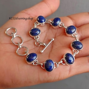 Handmade Oval Lapis Lazuli Bracelet: Solid 925 Sterling Silver