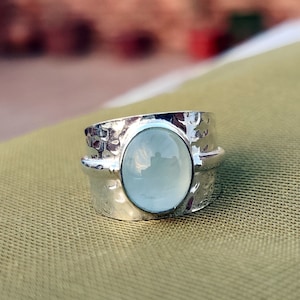 Raw Aquamarine 925 Silver Ring: Healing Crystal Stone
