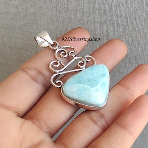 Handmade Larimar Gemstone Pendant: 925 Sterling Silver Boho Necklace