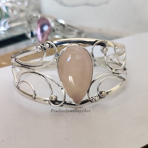 Natural Rose Quartz Bangle, Silver Handmade Bangle, 925 Sterling Silver Bangle, Adjustable Bangle, Designer Bangle, Boho Bangle-Gift For Her