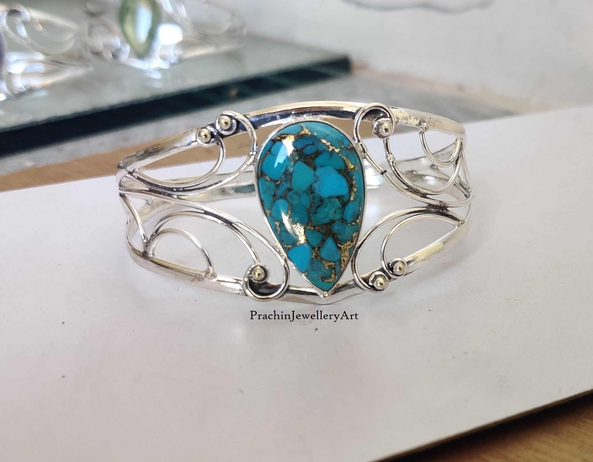 Blue Copper Turquoise Bangle, Handmade Bangle, 925 Sterling