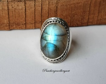 Blue Fire Labradorite Ring: Natural Gemstone, 925 Sterling Silver