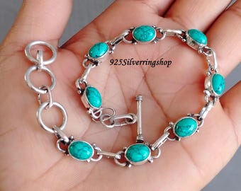 Handmade Turquoise Gemstone Bracelet: Adjustable Sterling Silver Jewelry