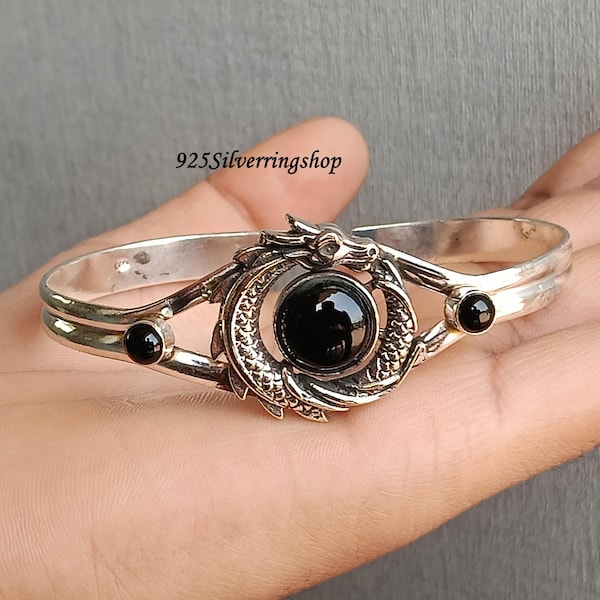 Sterling Silver Black Onyx Dragon Cuff Bangle, Gothic Boho Natural Gemstone Jewelry
