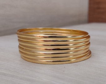Set of 7 Gold Bangles: Hammered Sterling Silver Stacking Bracelets