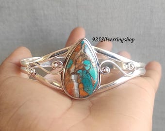 Oyster Copper Turquoise Bangle: Adjustable 925 Sterling Silver Pear Gemstone