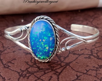 Blue Opal 925 Silver Bangle - Handmade Gemstone Statement Jewelry