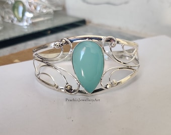 Aqua Chalcedony Sterling Silver Bangle: Adjustable Handmade Jewelry