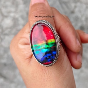 Anillo de ammolita hecho a mano: joyería bohemia de plata de ley 925