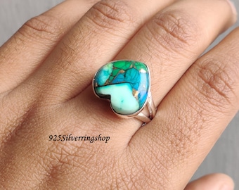 Green Dahlia Turquoise  Ring: 925 Sterling Silver Heart Statement Band
