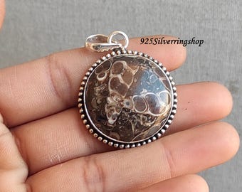Turritella Agate Pendant: 925 Sterling Silver Necklace, Handmade Jewelry