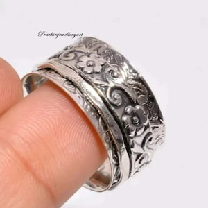 Handmade Sterling Silver Flower Spinner Ring: Meditation Thumb Ring