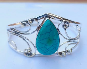 ターコイズストーンバングル：925スターリングシルバー製調節可能な