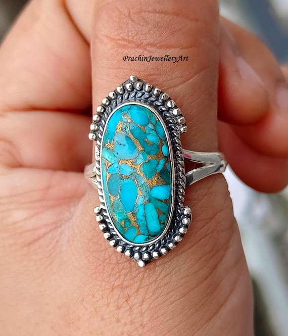 Handmade Blue Copper Turquoise Ring: 925 Sterling Silver Statement