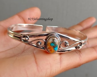 Oyster Copper Turquoise Bangle: Handmade 925 Sterling Silver, Adjustable