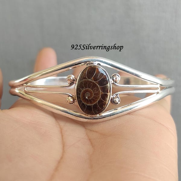 Ammonite Bangle: Handmade 925 Sterling Silver Oval Gemstone Jewelry