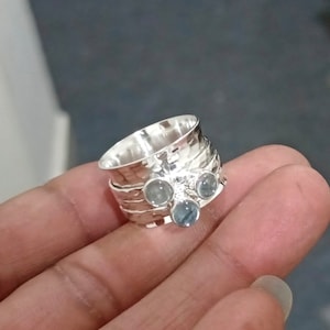 Aquamarine Spinner Ring: Hammered Sterling Silver Meditation Band