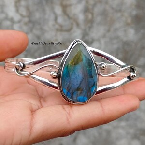 Handmade Pear Labradorite Bangle: 925 Sterling Silver Boho Jewelry