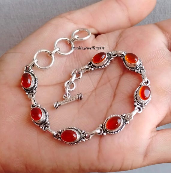 Bracelet Argent Sterling 925 Fait Main Avec Pierre Cornaline Rouge - Réglable