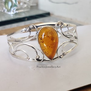 Amber Bangle: 925 Sterling Silver Adjustable Cuff