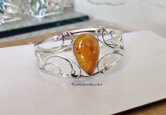Bracelet En Argent 925 Avec Cabochons D'ambre Orange - Occasion