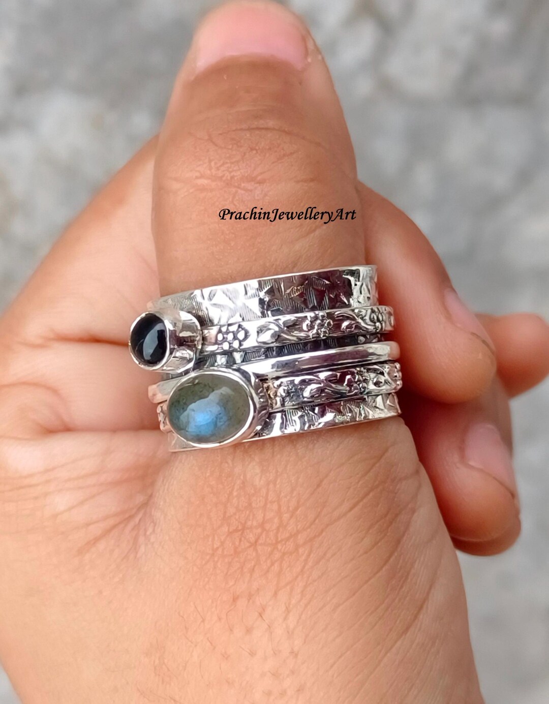 Labradorite Black Onyx Spinner Ring: 925 Sterling Silver Statement