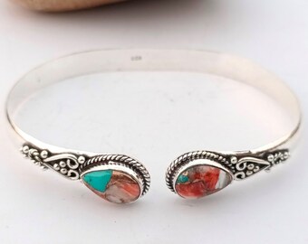 Oyster Copper Turquoise Bangle: Adjustable 925 Sterling Silver Pear Gemstone