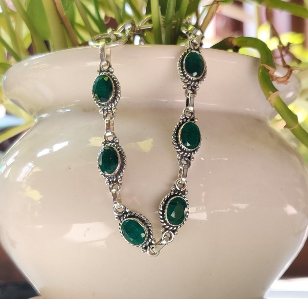 Sterling Silver, Emerald Bracelet, Lab Created Emeralds, Silver