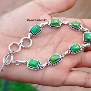 Green Copper Turquoise Bracelet, 925 Sterling Silver, Women Bracelet, Wedding Bracelet, Handmade Jewelry, Unique Bracelet MK222