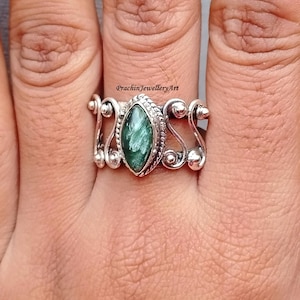 Handmade Pear Seraphinite Ring: Sterling Silver Statement Ring