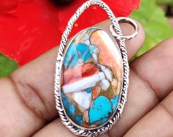 Oyster Copper Turquoise Pendant Solid 925 Sterling Silver Necklace For Women, Handmade Oval Stone Pendant For Wedding Anniversary Gift Idea