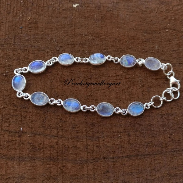 Bracelet pierres de lune arc-en-ciel blanches Bracelet pierres de lune en argent sterling Bracelet pierres précieuses rondes Bracelet pierres précieuses taille briolette Argent