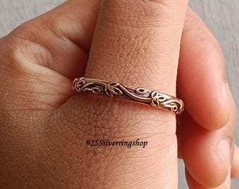 Handmade Copper Vine Ring, Floral Leaf Engraved Stacking Band, Boho Jewelry