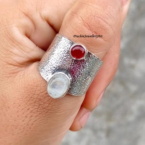 Sterling Silver Statement Ring: Moonstone, Carnelian, Opal Gemstone
