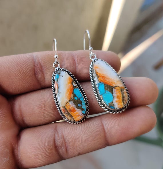 Oyster Copper Turquoise Gemstone Earrings, 925 Sterling Silver Handmade