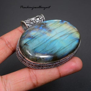 Blue Fire Labradorite Gemstone Pendant: Handmade Sterling Silver Jewelry
