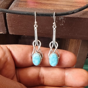 Handmade Larimar Earrings: 925 Sterling Silver, Hammered Design