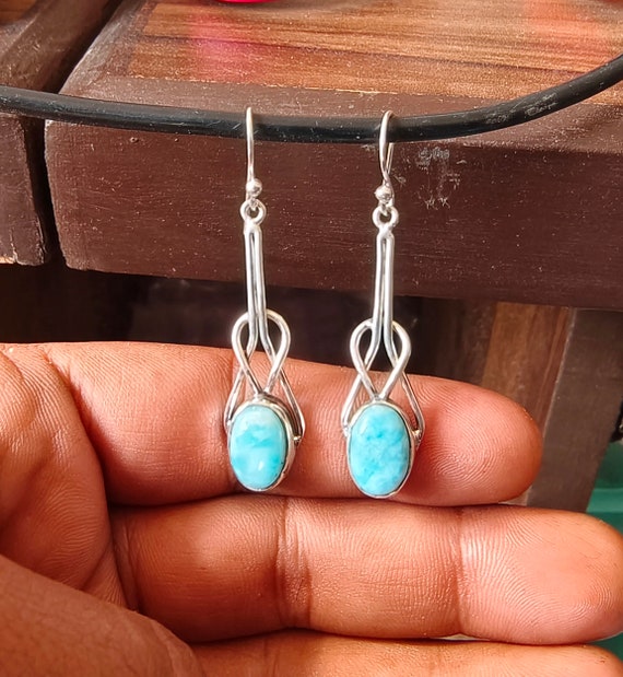 Handmade Larimar & Sterling Silver Dangle Earrings – 925 Silver – Pear Shape Blue