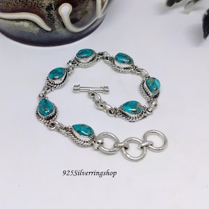 Blue Copper Turquoise Bracelet: Sterling Silver Boho Jewelry