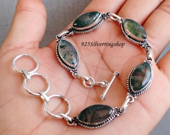 Moosachat Armband: Marquise Edelstein, 925 Sterling Silber Zargenfassung