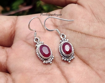 Red Ruby Sterling Silver Earrings, Handmade Oval Bezel Drop Earrings