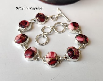 Red Rose Dahlia Turquoise Gemstone Bracelet, 925 Sterling Silver, Handmade Jewelry