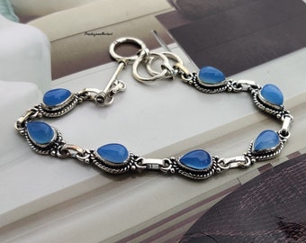Bracelet calcédoine bleue, bracelet en argent sterling 925, bracelet délicat, bijoux femme, bracelet bohème, couleur de pierre incroyable, cadeau pour elle