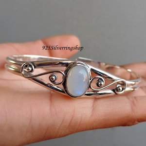 Rainbow Moonstone Sterling Silver Bangle Cuff