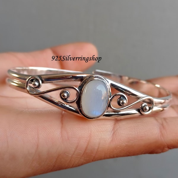 Rainbow Moonstone Sterling Silver Bangle Cuff