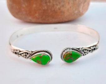 Green Copper Turquoise Bangle * Two Gemstone Bangle * Handmade Bangle * 925 Sterling Silver * Statement Bangle * Boho Silver Bangle For Gift