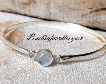Handmade Moonstone 925 Silver Bangle: Leaf Design