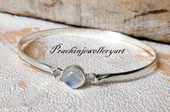 Handmade Moonstone 925 Silver Bangle: Leaf Design