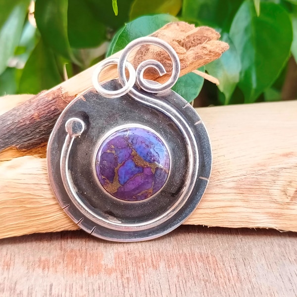 Purple Copper Turquoise Gemstone Silver Pendent * 925 Sterling Silver Pendent * Handmade Silver Pendent * neckless Jewellery * Round Shape *